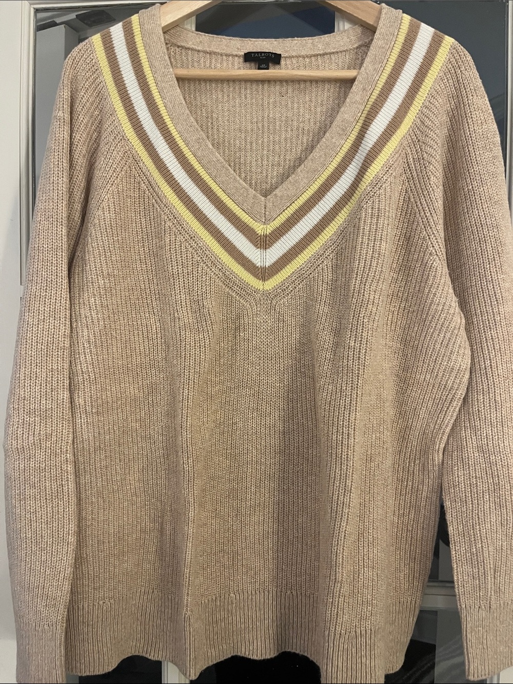 Talbots V-Neck Tan Sweater with Striped Detail. 2